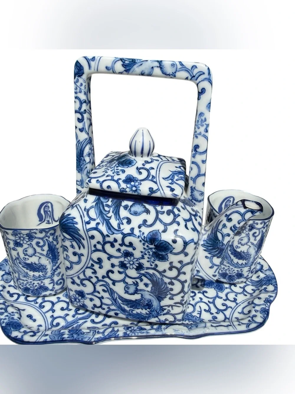 Vintage Takahashi San Francisco Blue White Porcelain Tea Sake Set Tray Japan